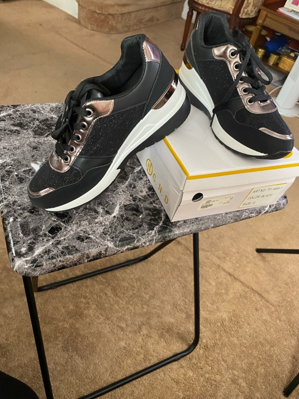 Platform Lace-Up Sneakers in Black with bronze colorAccents